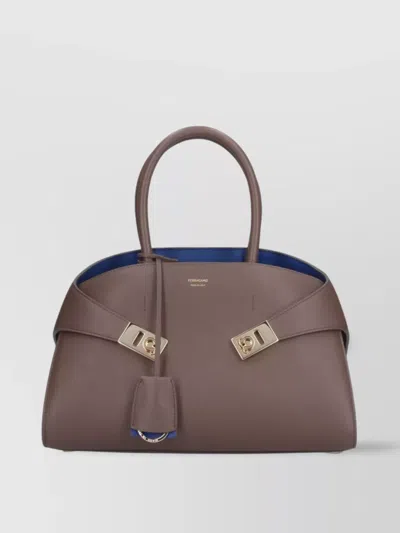 Ferragamo Shoulder Bag With Detachable Strap And Top Handles In Brown