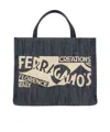 Ferragamo Blue Denim Large Tt Sign Shopping Bag In Black