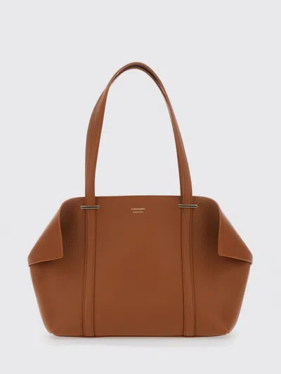 Ferragamo Tote Bag With Folded Sides And Logo Lettering On The Front Brown Leather For Women Calf Shoulder