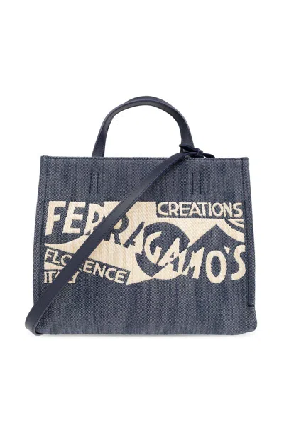 Ferragamo Sign S Shopper Bag In Denim Naturale