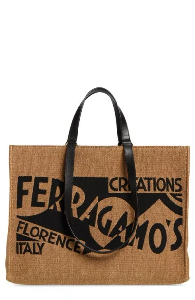 Ferragamo Signature Canvas Tote In Brown/ Nero