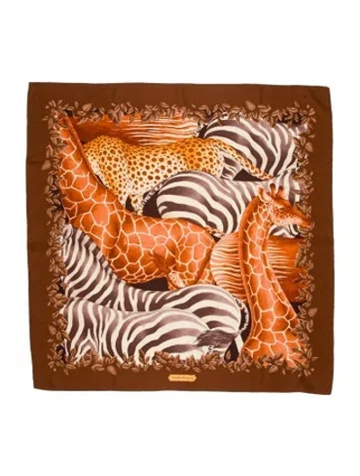 Pre-owned Ferragamo Silk Animal Print Scarf In Brown