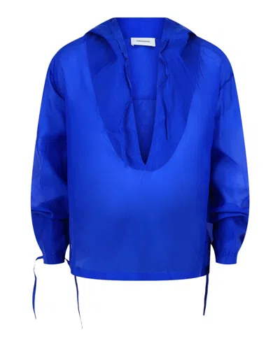Ferragamo Silk-blend Hooded Shirt With Front Tie And Tied Cuffs In Blue