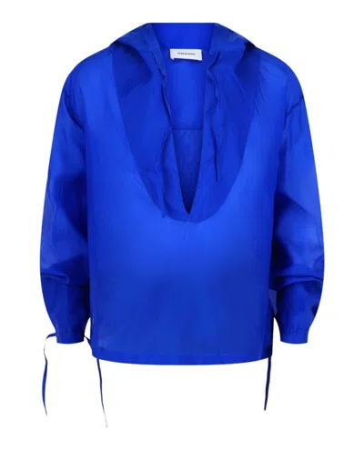 FERRAGAMO SILK-BLEND HOODED SHIRT WITH FRONT TIE AND TIED CUFFS