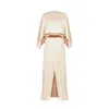 Ferragamo Silk Blend Satin Long Dress With Cape Cream In Neutral