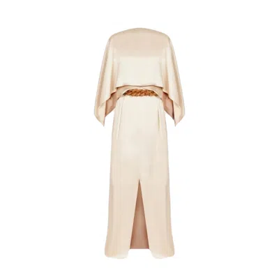 Ferragamo Silk Blend Satin Long Dress With Cape Cream