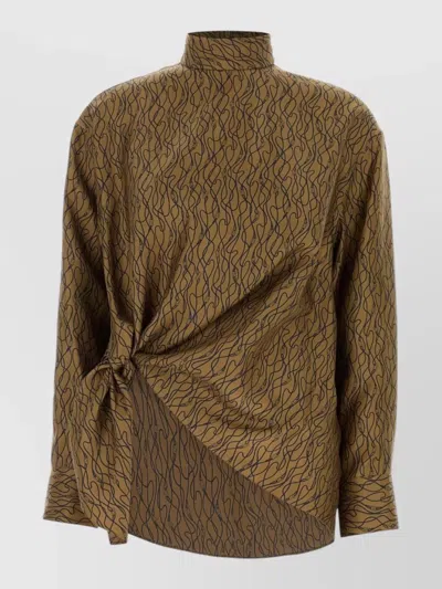 Ferragamo Silk Blouse Abstract Pattern High Neck In Brown