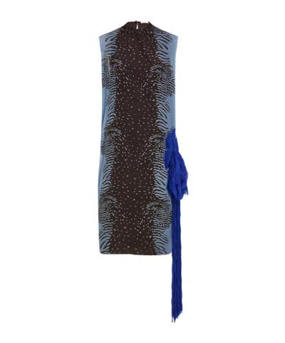 Ferragamo Cuttle Fish Print Silk Sleeveless Shift Dress In Blue