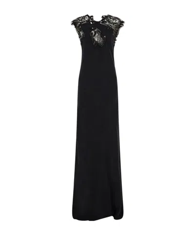 Ferragamo Silk Dress With Lace Detail In Black