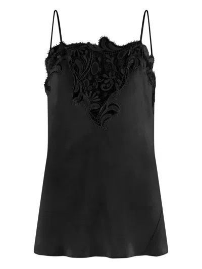 Ferragamo Silk Embroidered-lace Top In Black