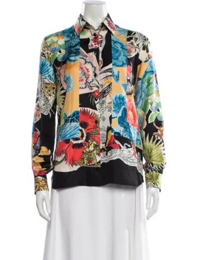 Pre-owned Ferragamo Silk Floral Print Blouse In Black