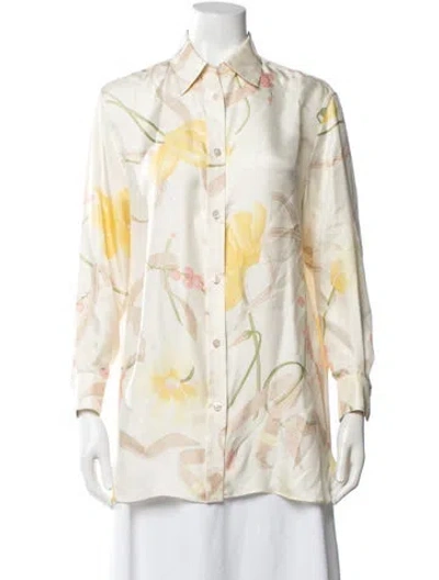 Pre-owned Ferragamo Silk Floral Print Blouse In Neutral