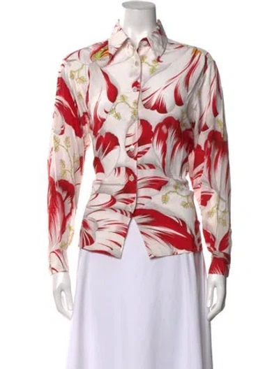 Pre-owned Ferragamo Silk Floral Print Blouse In Red
