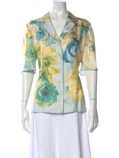 Pre-owned Ferragamo Silk Floral Print Blouse W/ Tags In Blue