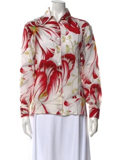 Pre-owned Ferragamo Silk Floral Print Blouse W/ Tags In Red
