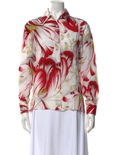Pre-owned Ferragamo Silk Floral Print Blouse W/ Tags In Red