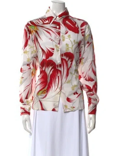 Pre-owned Ferragamo Silk Floral Print Blouse W/ Tags In Red