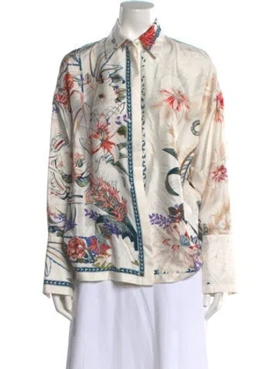 Pre-owned Ferragamo Silk Floral Print Blouse In White