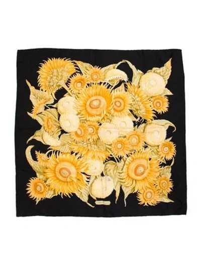 Pre-owned Ferragamo Silk Floral Print Scarf In Black