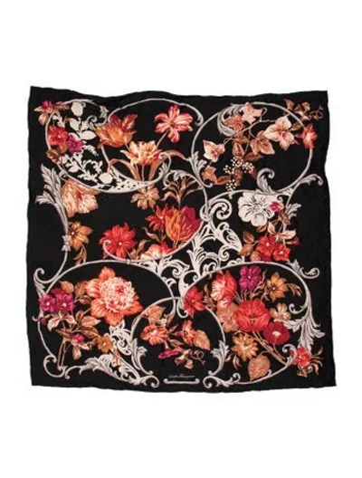 Pre-owned Ferragamo Silk Floral Print Scarf In Black