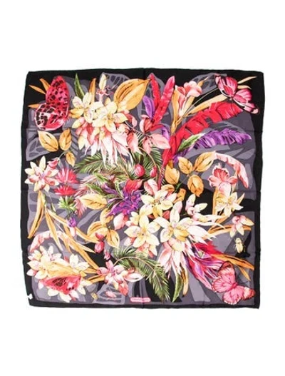 Pre-owned Ferragamo Silk Floral Print Scarf In Black