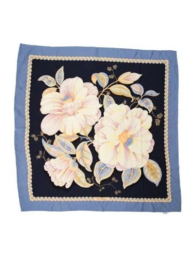 Pre-owned Ferragamo Silk Floral Print Scarf In Blue