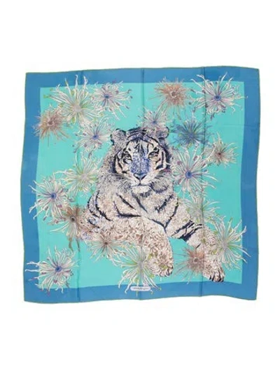 Pre-owned Ferragamo Silk Floral Print Scarf In Blue/neutrals
