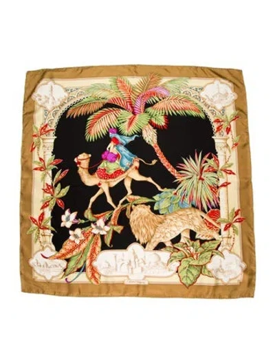 Pre-owned Ferragamo Silk Floral Print Scarf In Gold