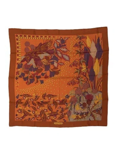 Pre-owned Ferragamo Silk Floral Print Scarf In Orange