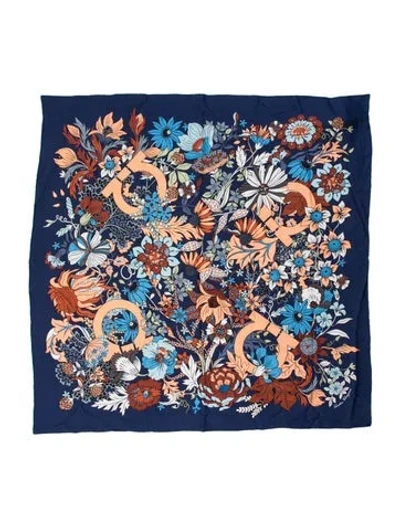 Pre-owned Ferragamo Silk Floral Print Scarf W/ Tags In Blue