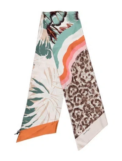 Pre-owned Ferragamo Silk Floral Print Scarf W/ Tags In Neutrals