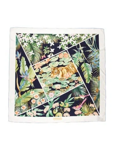 Pre-owned Ferragamo Silk Floral Print Scarf In White