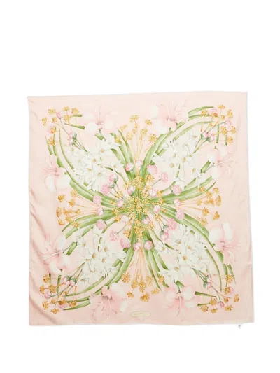 Pre-owned Ferragamo Silk Floral-print Square-shape Scarf In Pink