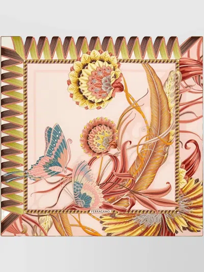 FERRAGAMO SILK FOULARD WITH BUTTERFLY AND FLORAL MOTIFS