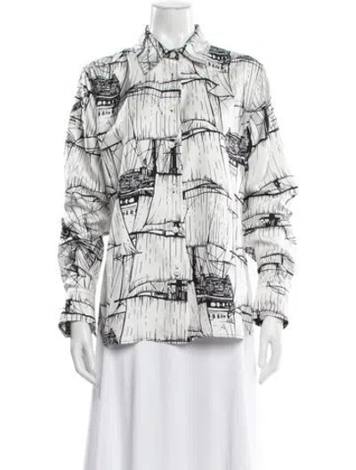 Pre-owned Ferragamo Silk Graphic Print Blouse In White