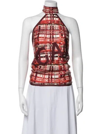 Pre-owned Ferragamo Silk Plaid Print Top In Red