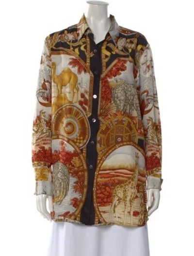 Pre-owned Ferragamo Silk Printed Blouse In Brown