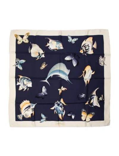 Pre-owned Ferragamo Silk Printed Scarf In Blue