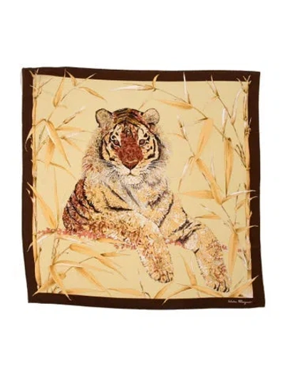 Pre-owned Ferragamo Silk Printed Scarf In Brown/gold