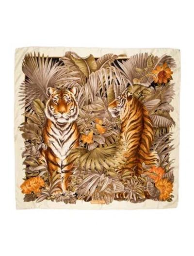 Pre-owned Ferragamo Silk Printed Scarf In Neutral