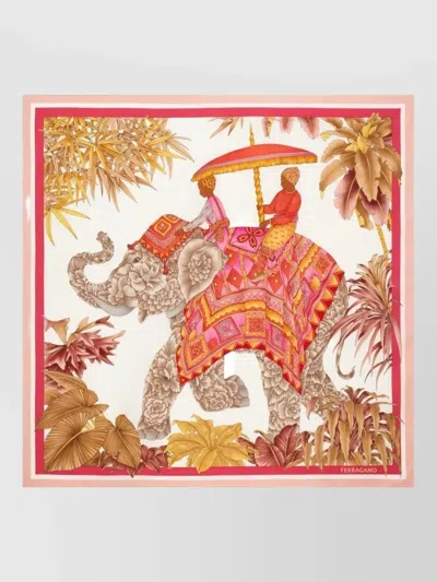 Ferragamo Silk Scarf Decorative Border Elephant Motif In Multi