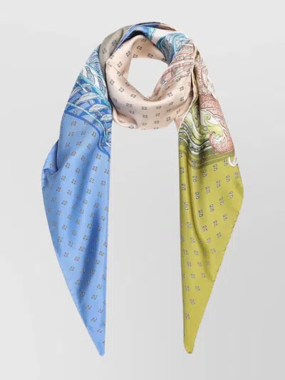 Ferragamo Silk Scarf Feather Motif Square Shape In Blue