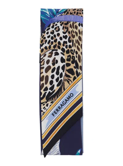 Ferragamo Silk Scarf With All-over Print And Embossed Logo Lettering In Multi