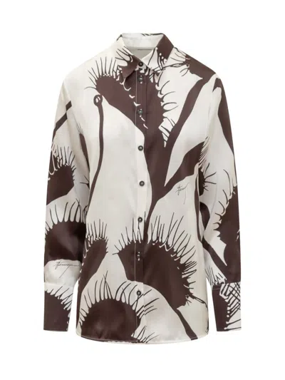 Ferragamo Woman Venus Print Silk Shirt In White/espresso