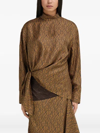 Ferragamo Silk Blouse Abstract Pattern High Neck In Brown