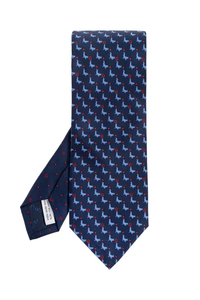 Ferragamo Seal Print Silk Tie In Blue