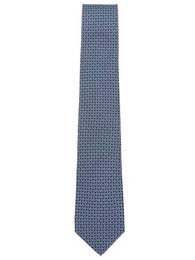 Ferragamo Silk Tie Gancini Square Print In Blue