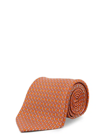 Ferragamo Men Silk Tie With Aida Print In Orange