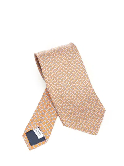 Ferragamo Silk Tie With Gancini And Hearts Print Ties And Bow Ties Orange In Neutral