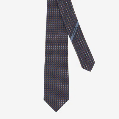 Ferragamo Silk Tie With Geometric Pattern In Brown
